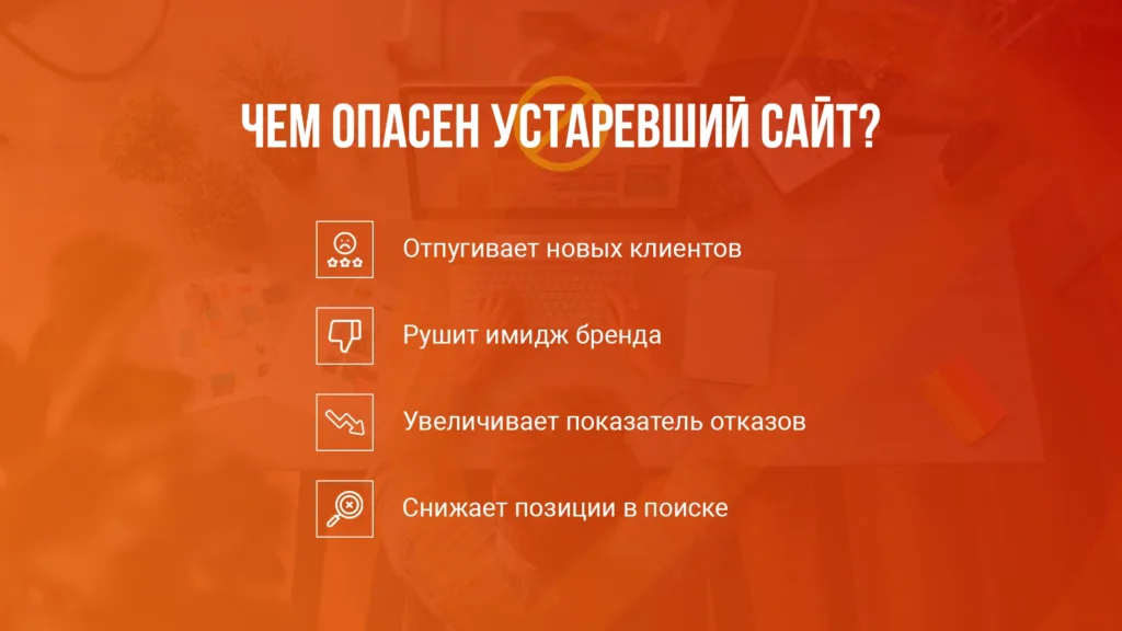 Инфографика с причинами, чем опасен устаревший сайт: отпугивает новых клиентов, рушит имидж бренда, увеличивает показатель отказов, снижает позиции в поиске