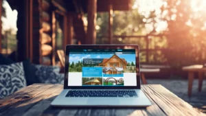 Ноутбук с открытым сайтом Family House на фоне деревянного дома и террасы