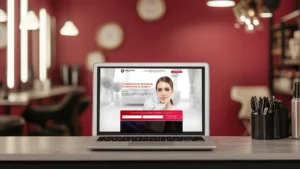 Лендинг увеличения губ на экране ноутбука в интерьере косметологического салона