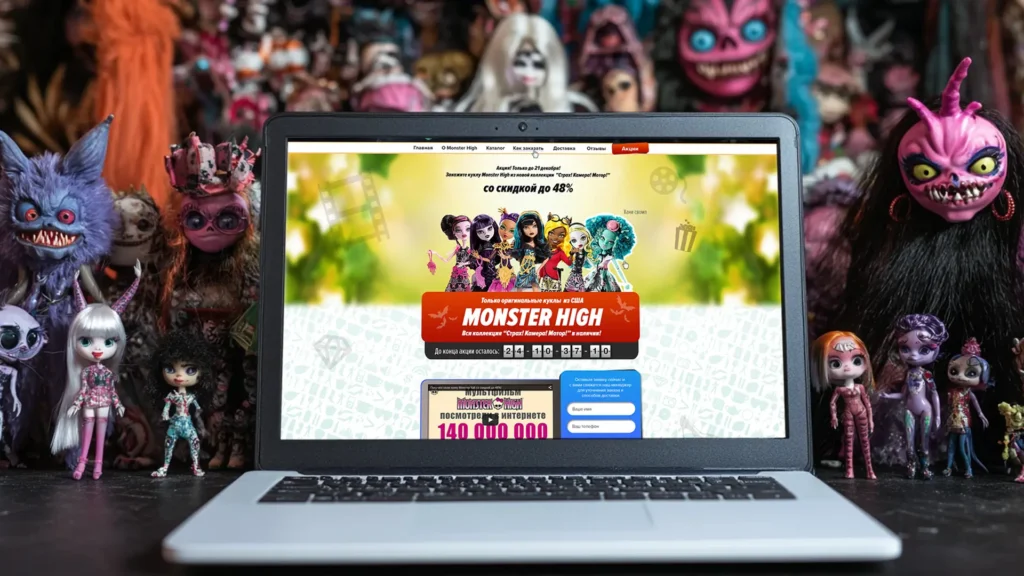 Лендинг Monster High на экране ноутбука среди коллекционных кукол