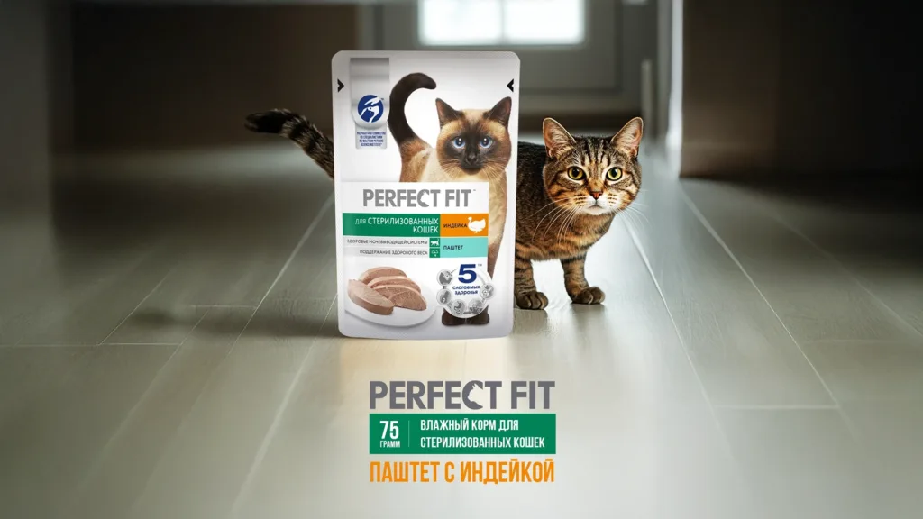 Дизайн обложки карточки товара Perfect Fit — влажный корм для стерилизованных кошек с индейкой