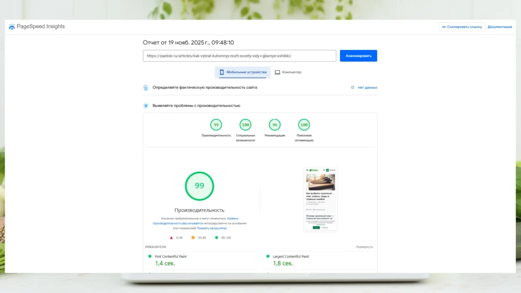 Скриншот PageSpeed Insights мобильная оценка 99 производительности для Zaedok.ru
