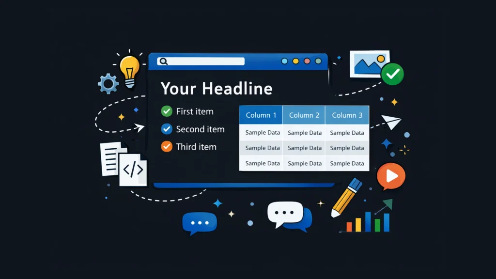 Пример Sample Page на тёмном фоне с заголовком, маркированным списком и таблицей данных